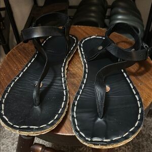 Black Leather Sandals with Stitching